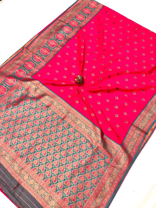 Pink color banarasi silk saree with blouse