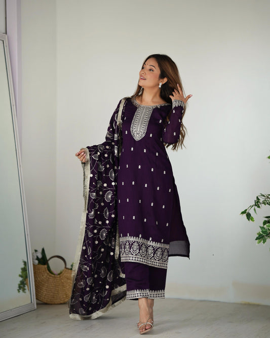 Purple color rangoli silk salwar suit for party