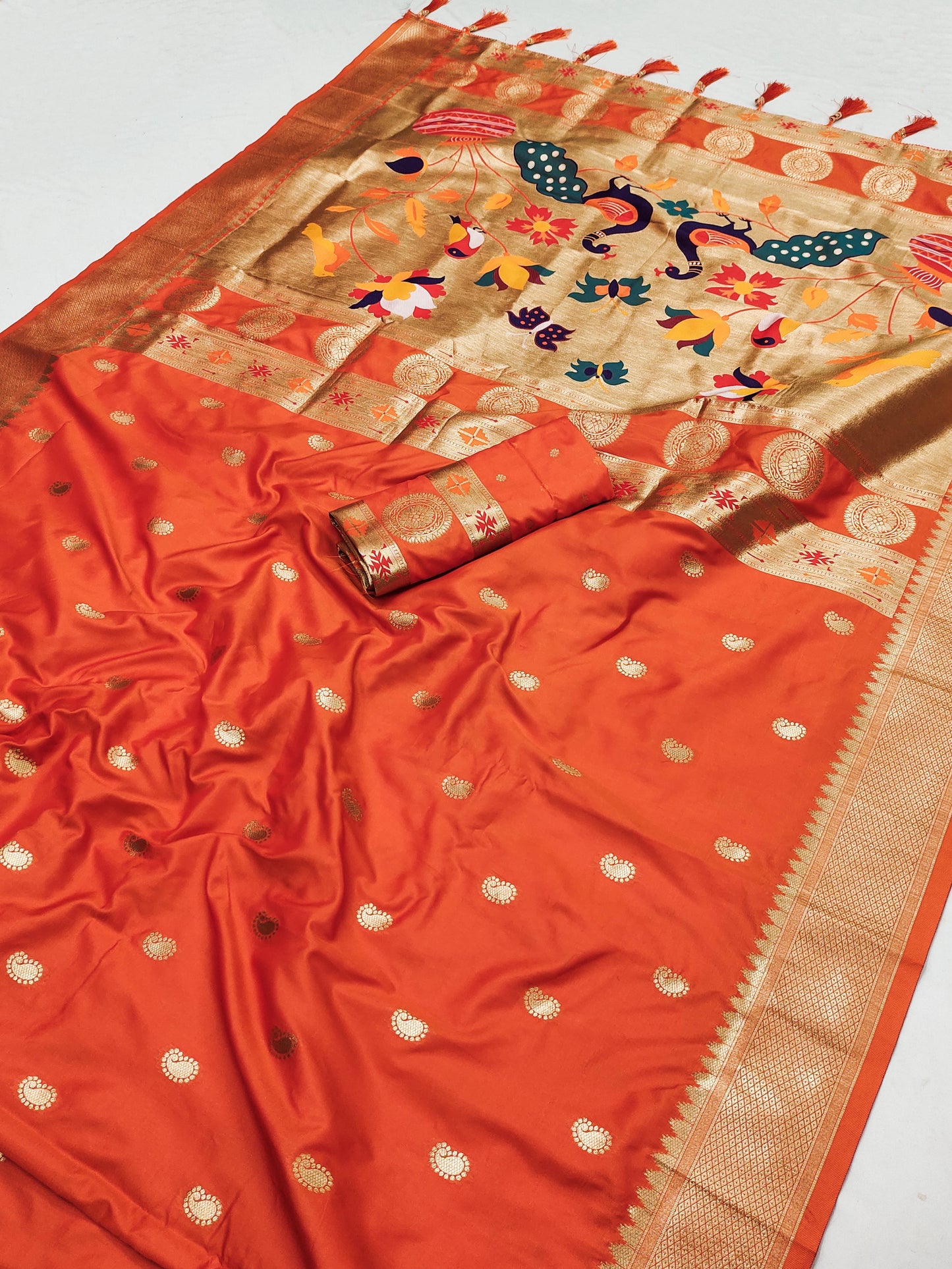 Orange color paithani silk saree with blouse online