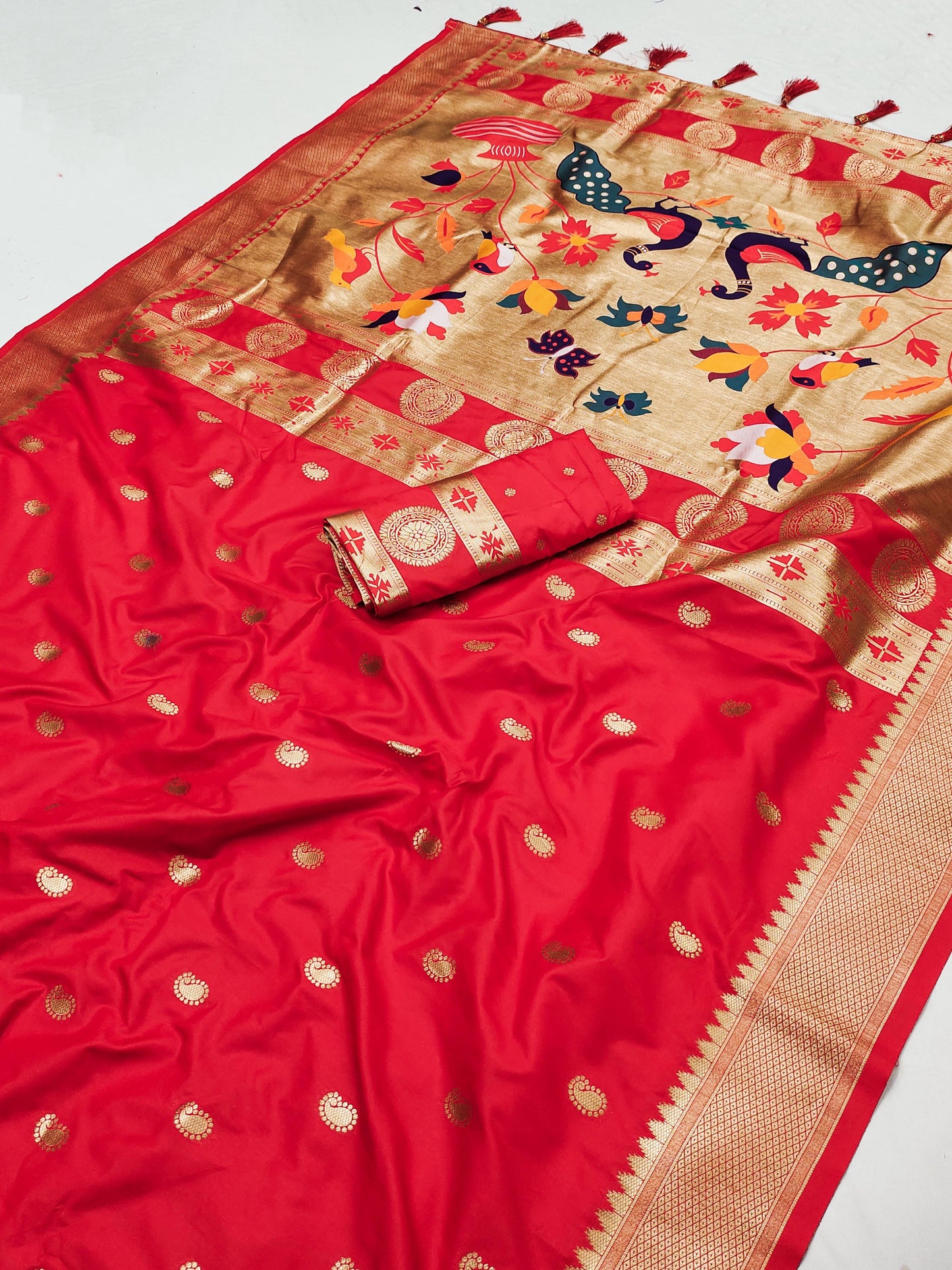 Red color paithani silk saree with blouse price