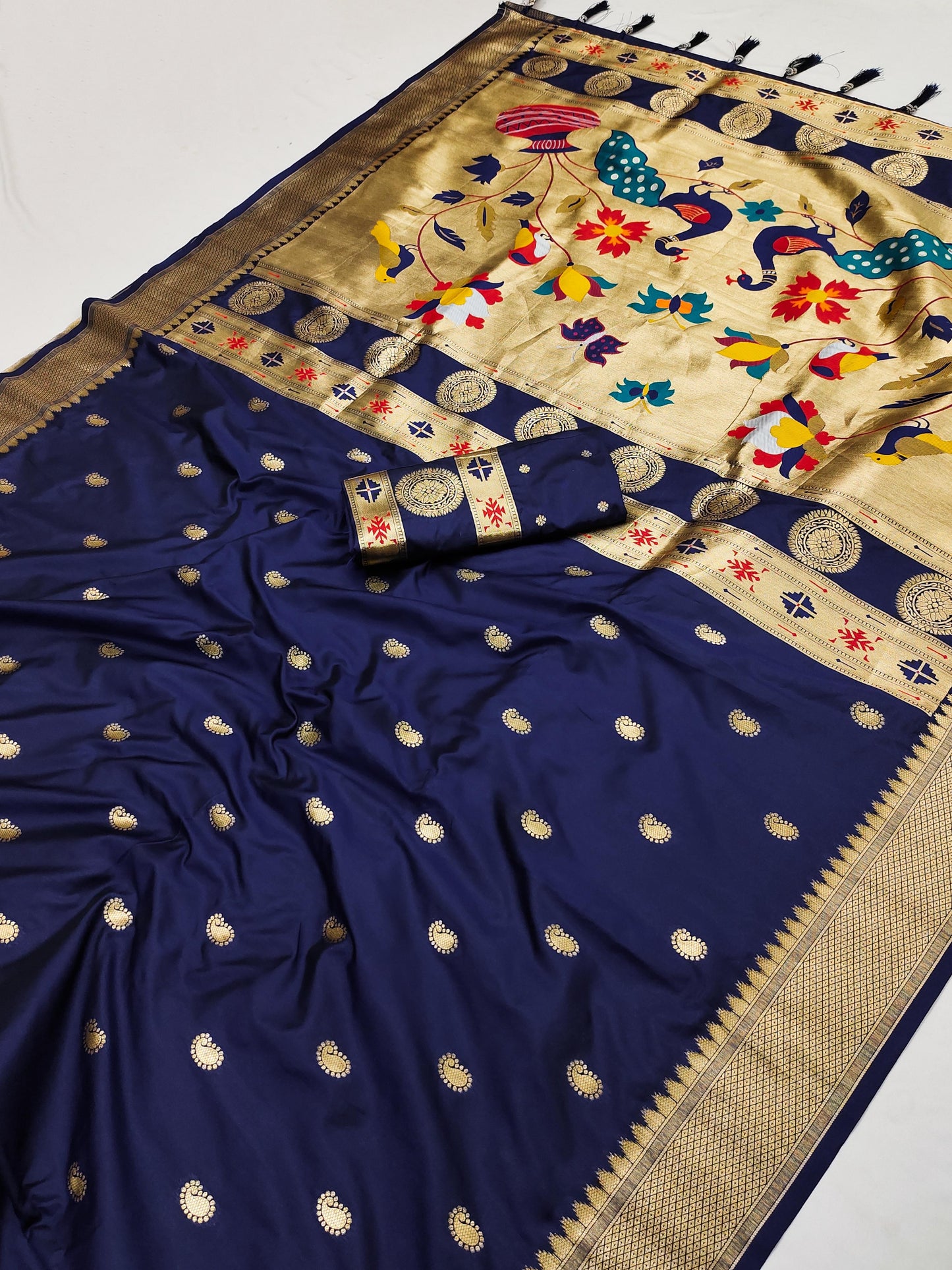 Navy blue color paithani silk saree with blouse images