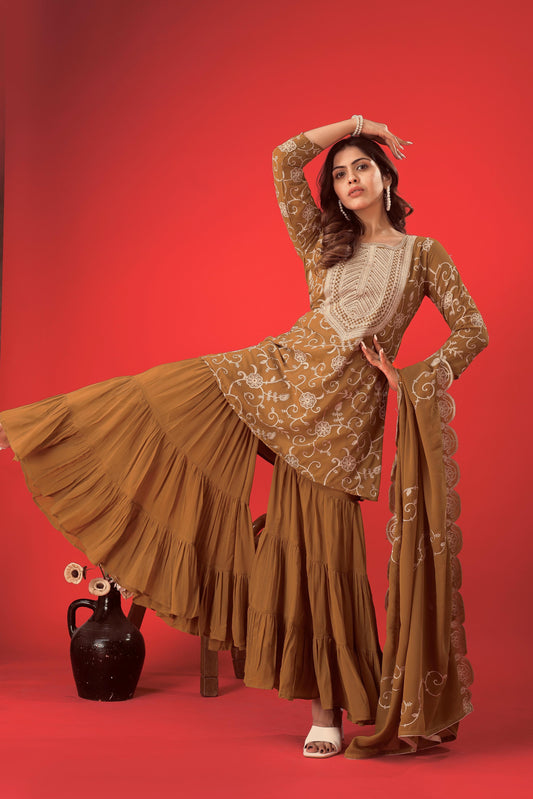 Brown color georgette sharara suit with dupatta
