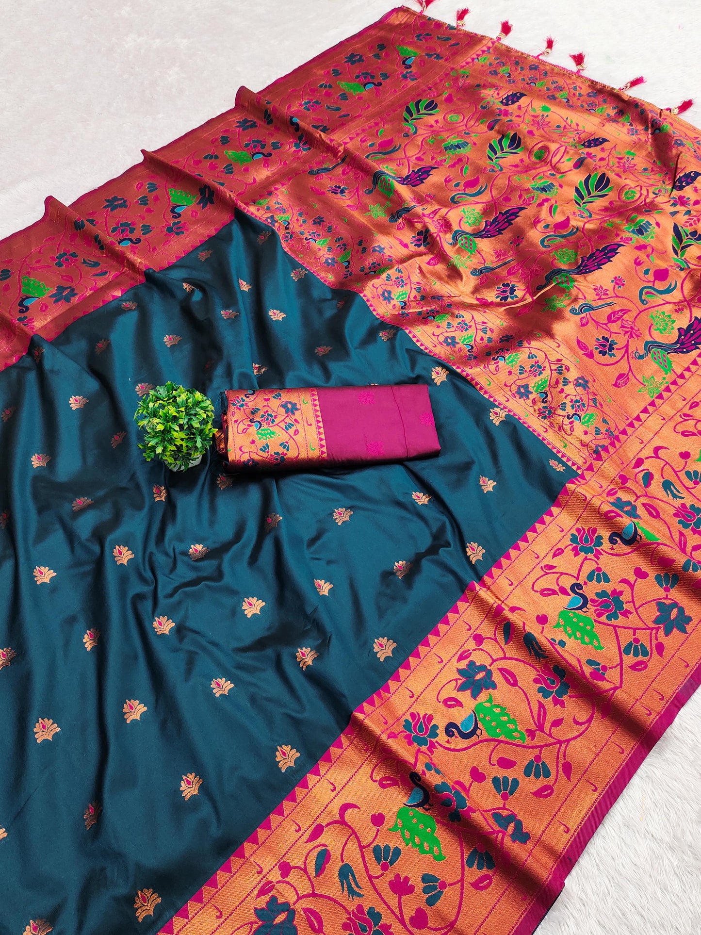 Teal color paithani silk saree with blouse price