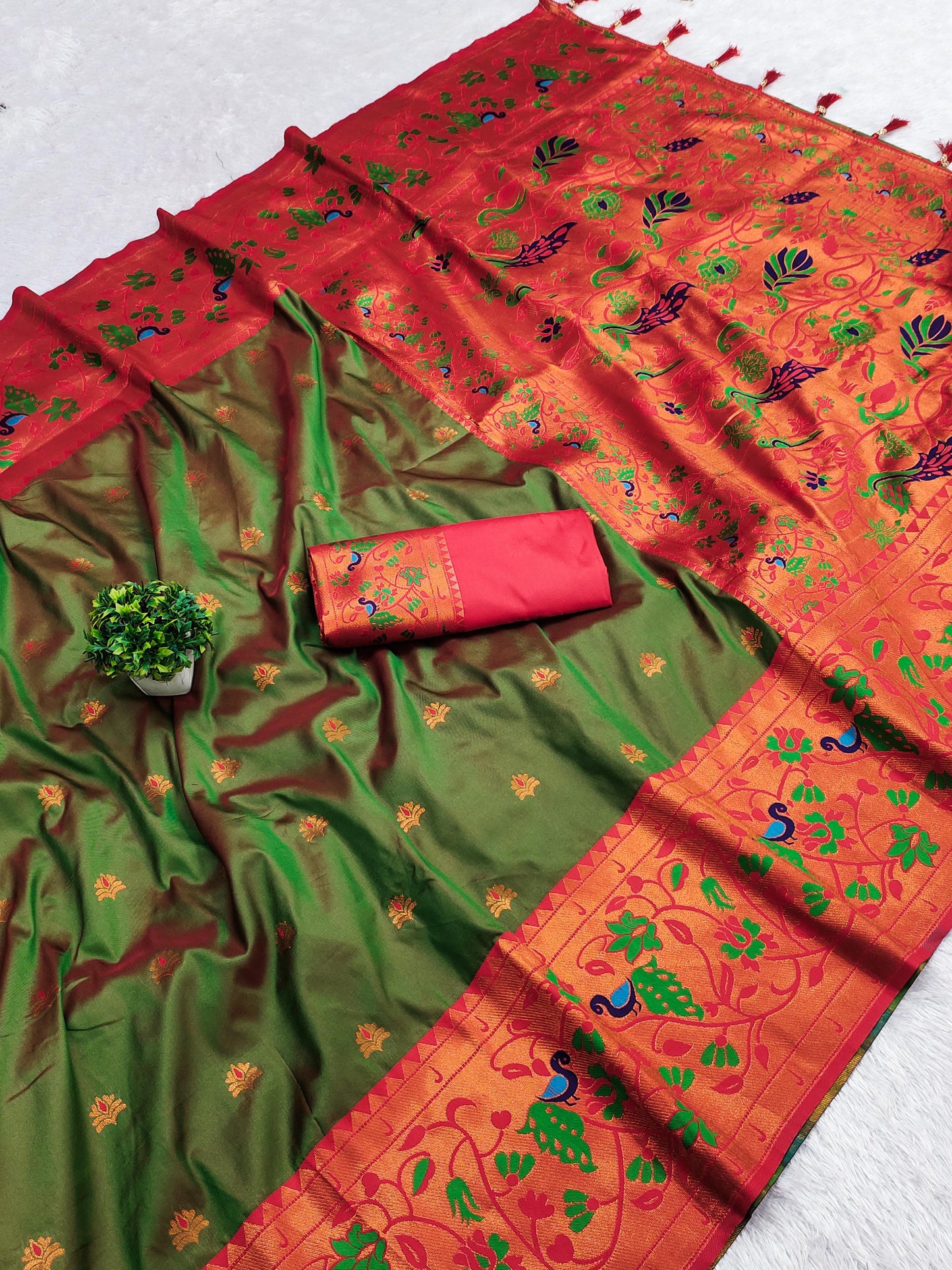 Mehendi color paithani silk saree with blouse design