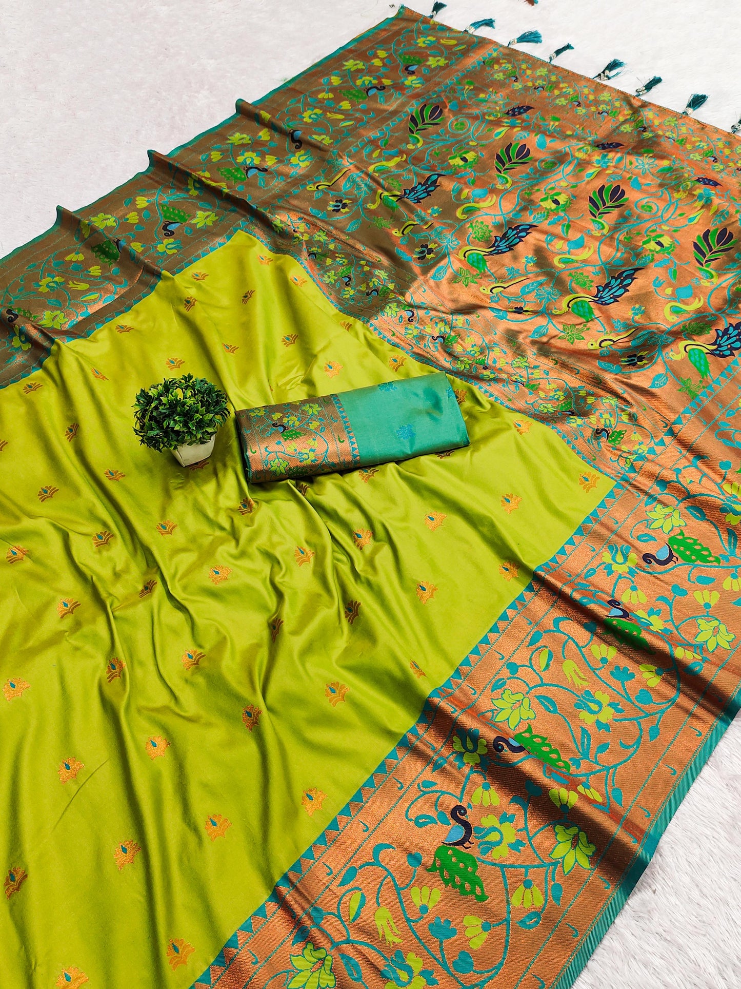 Parrot color paithani silk saree with blouse design
