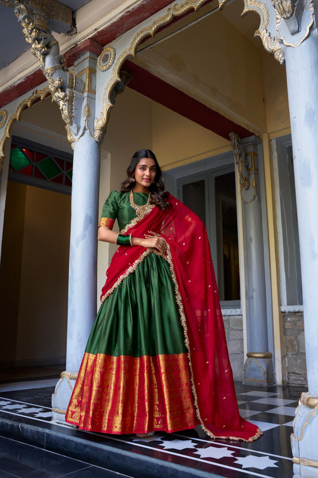 Green color narayan pattu lehenga choli for women