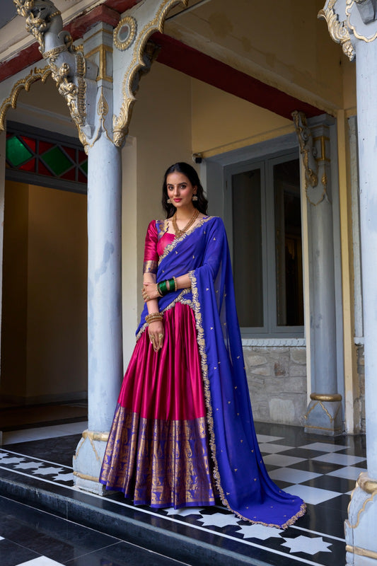 Pink color narayan pattu lehenga choli for wedding