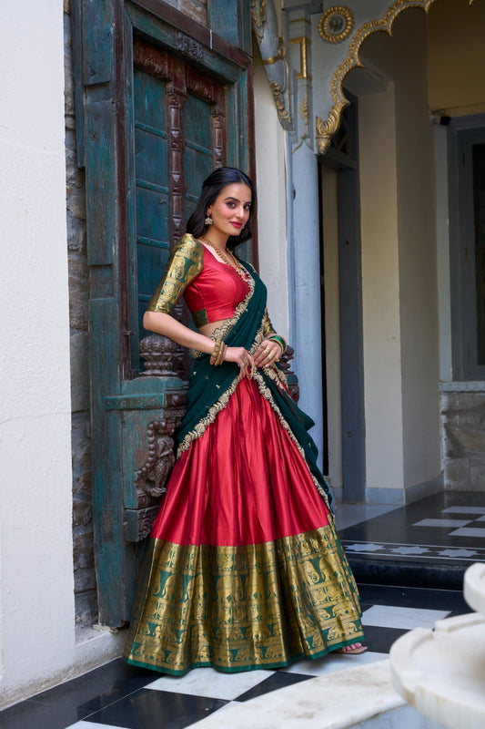 Red color narayan pattu lehenga choli for wedding