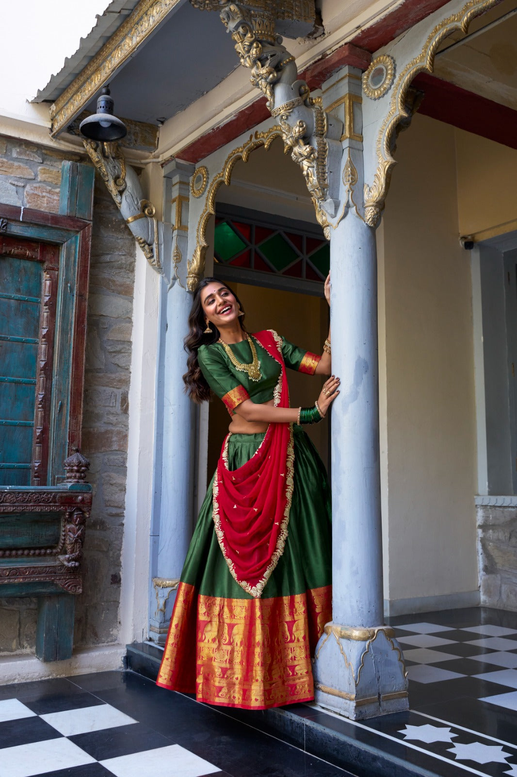 Green color narayan pattu lehenga choli with dupatta images