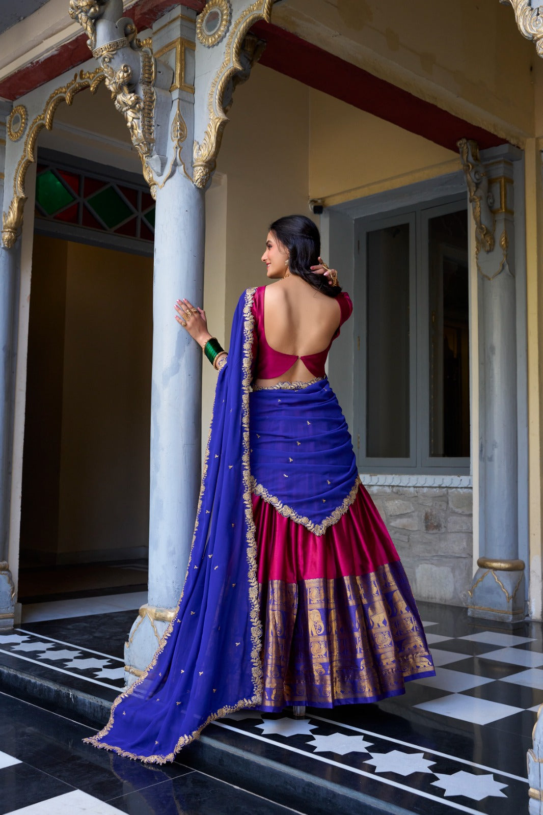 Pink color narayan pattu lehenga choli with dupatta