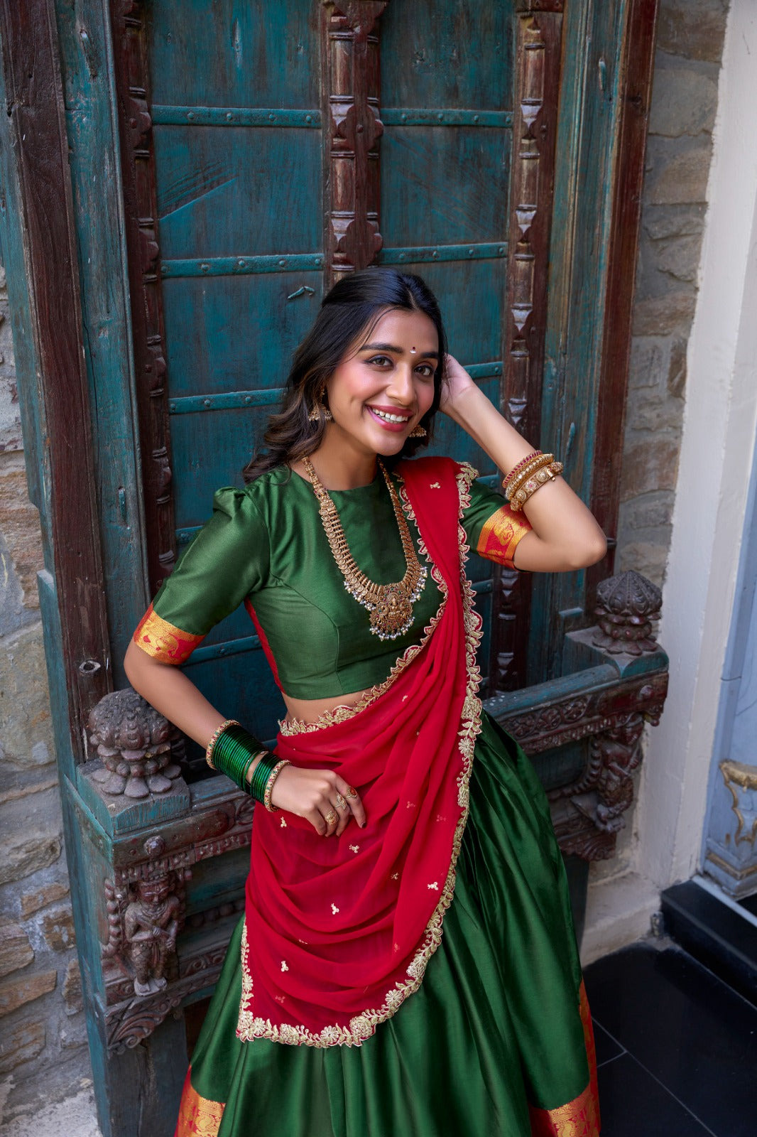 Green color narayan pattu lehenga choli with dupatta online
