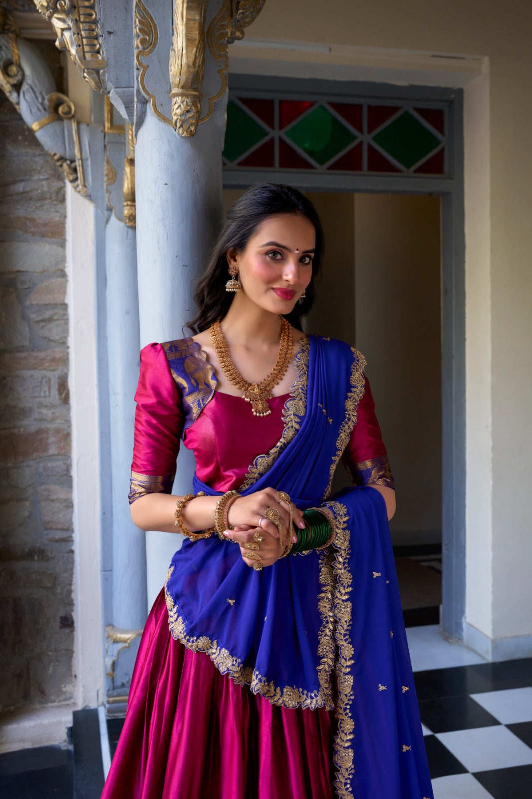 Pink color narayan pattu lehenga choli with dupatta online