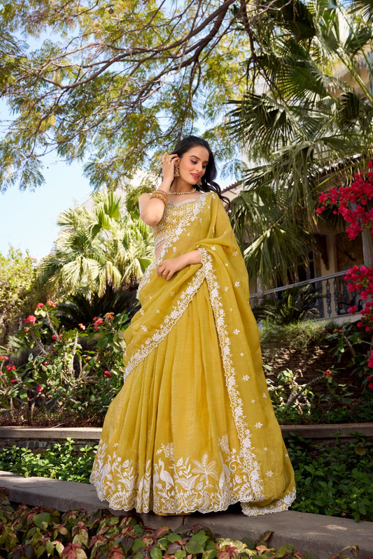 Yellow color gold crush lehenga choli for women