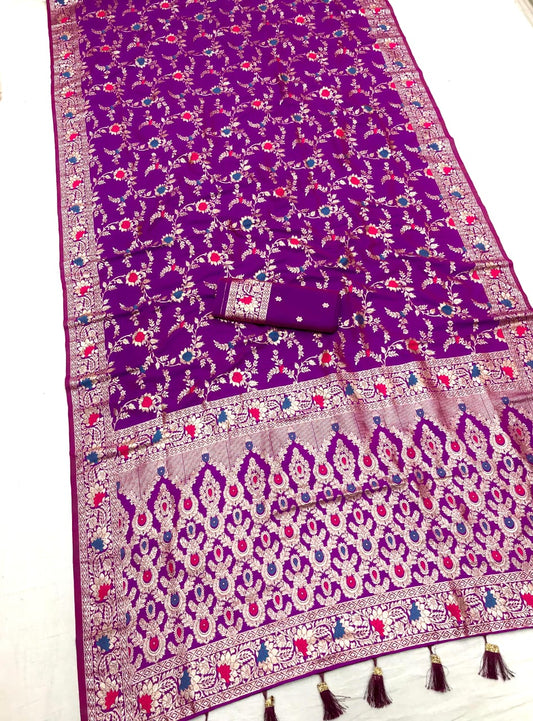 Purple color banarasi silk saree for wedding