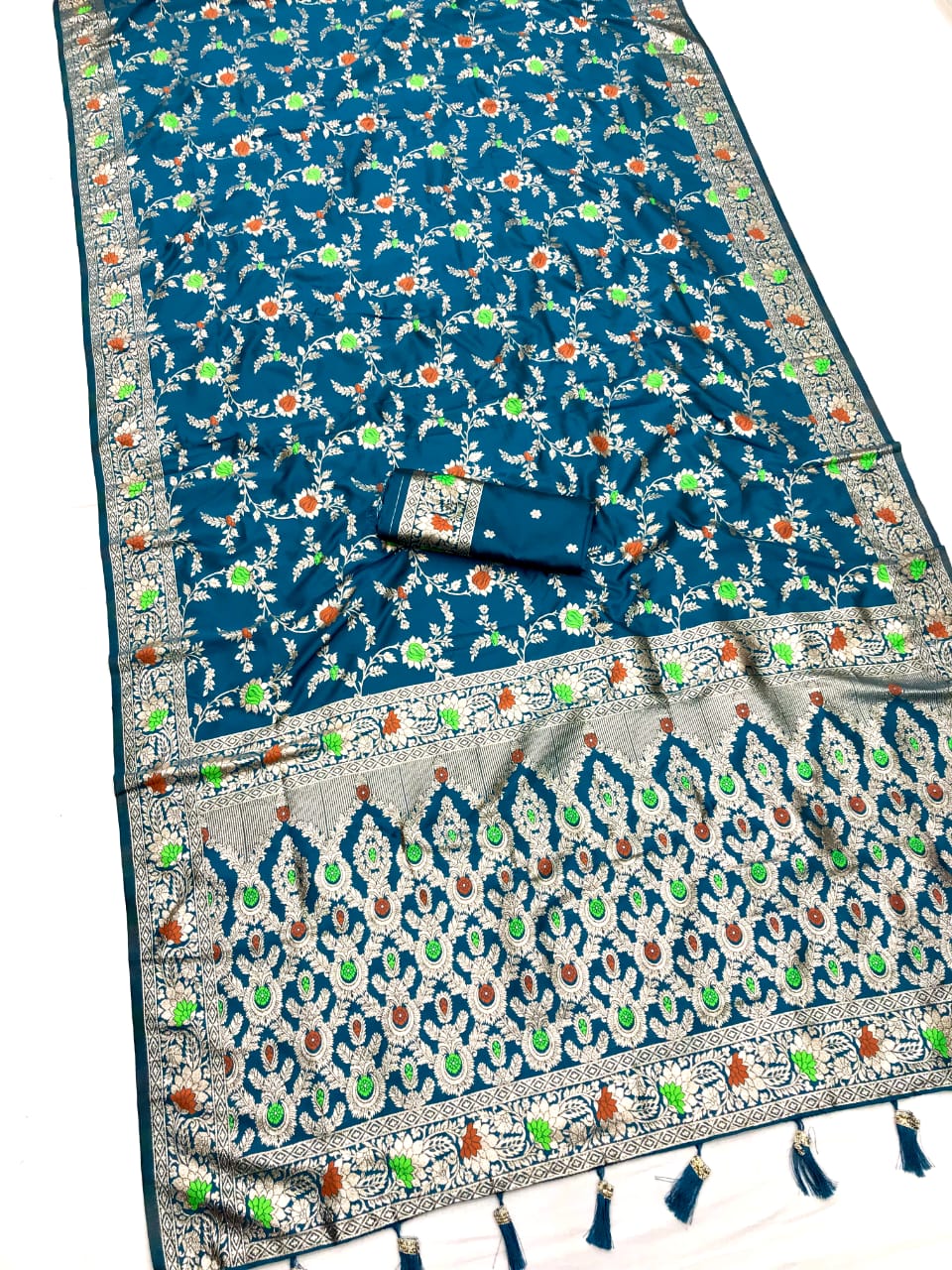 Teal blue color banarasi silk saree with blouse images