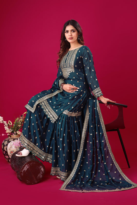Rama color chinon silk sharara suit for wedding