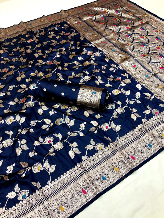 Navy color banarasi silk saree for wedding