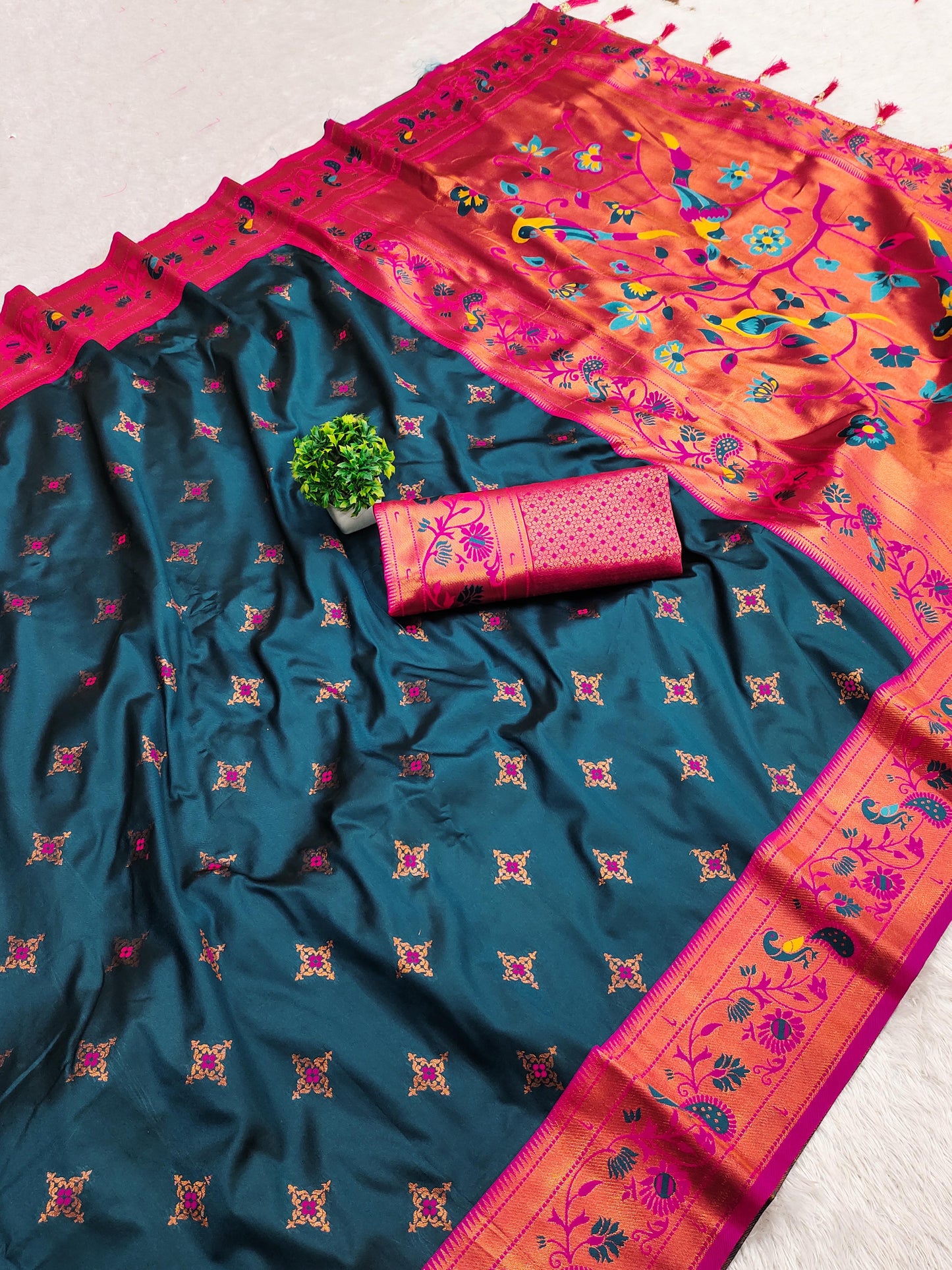 Teal color paithani silk saree with blouse online