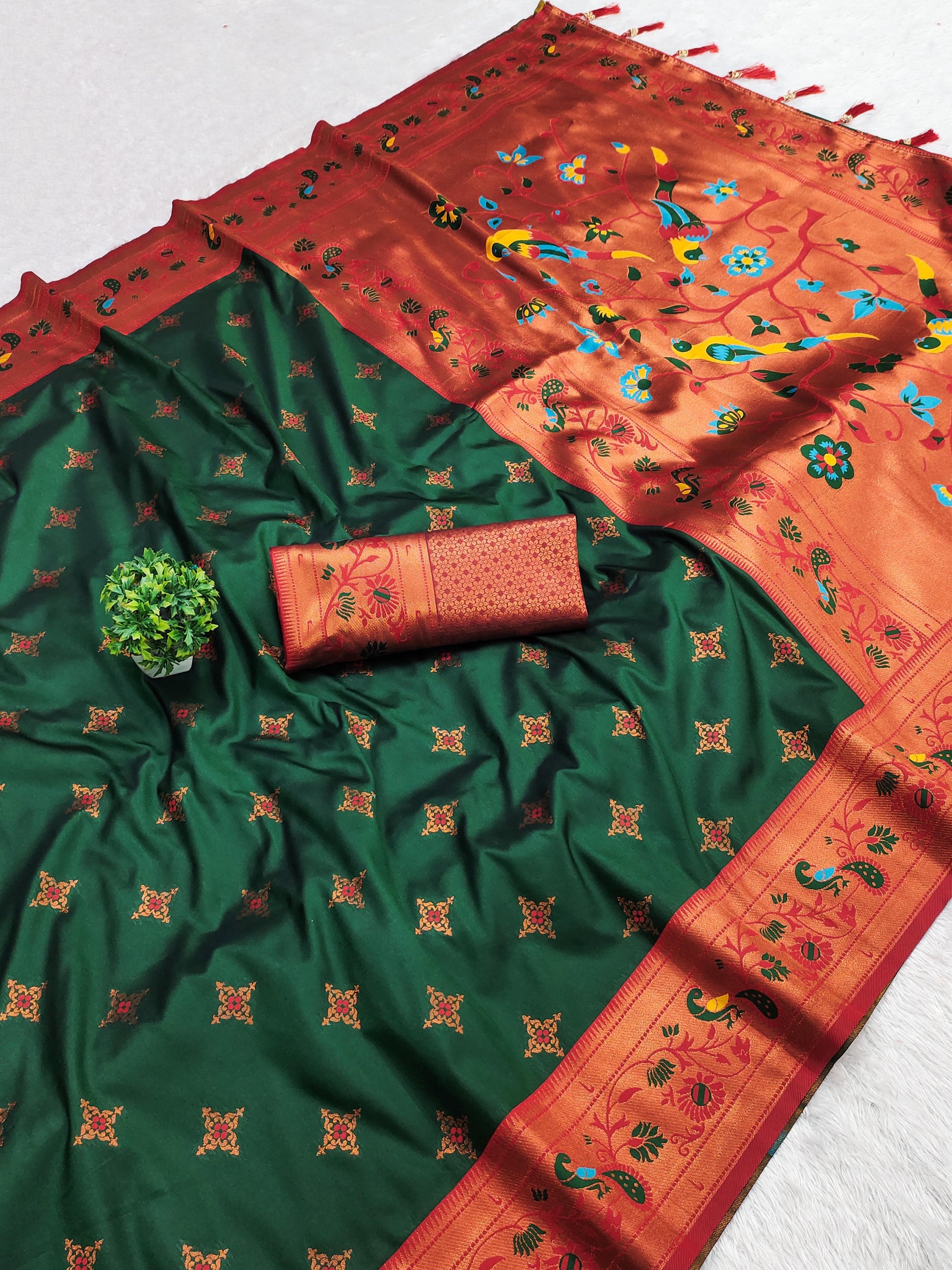 Green color paithani silk saree with blouse online shopping