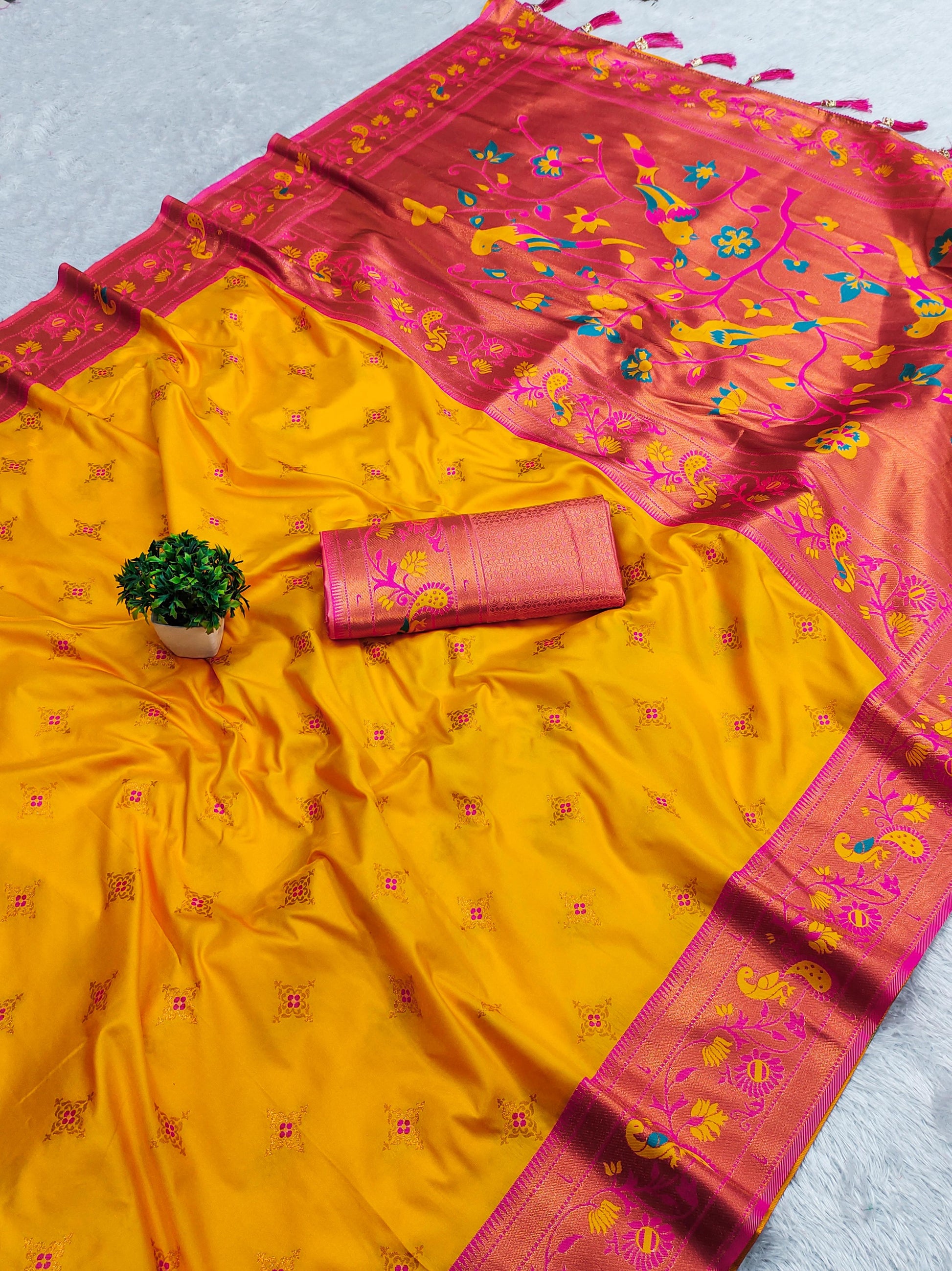 Yellow color paithani silk saree with blouse price