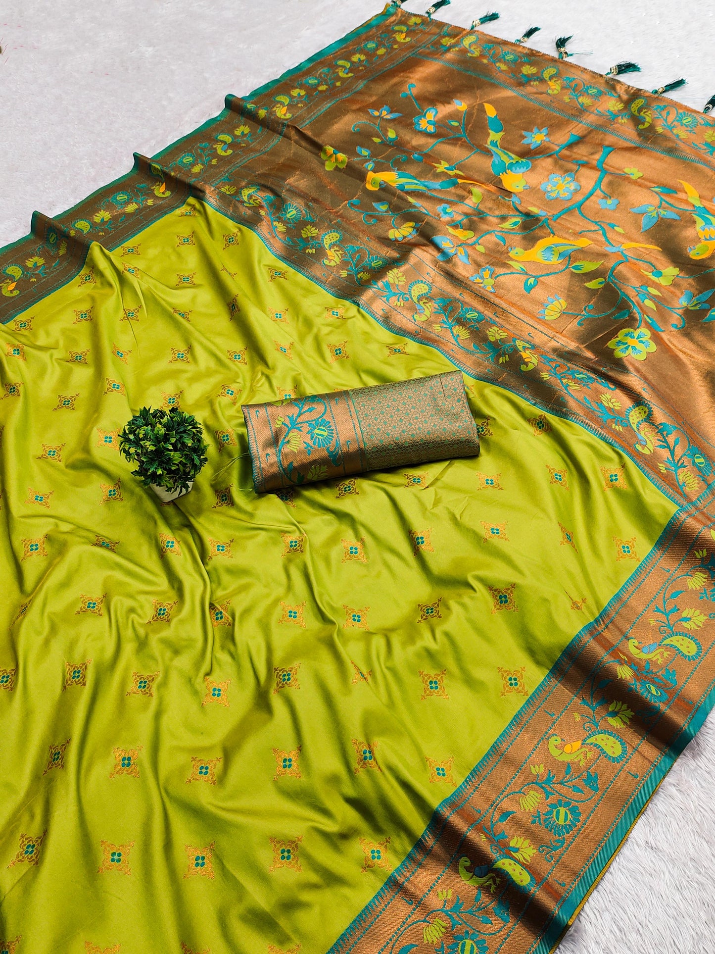 Parrot color paithani silk saree with blouse images