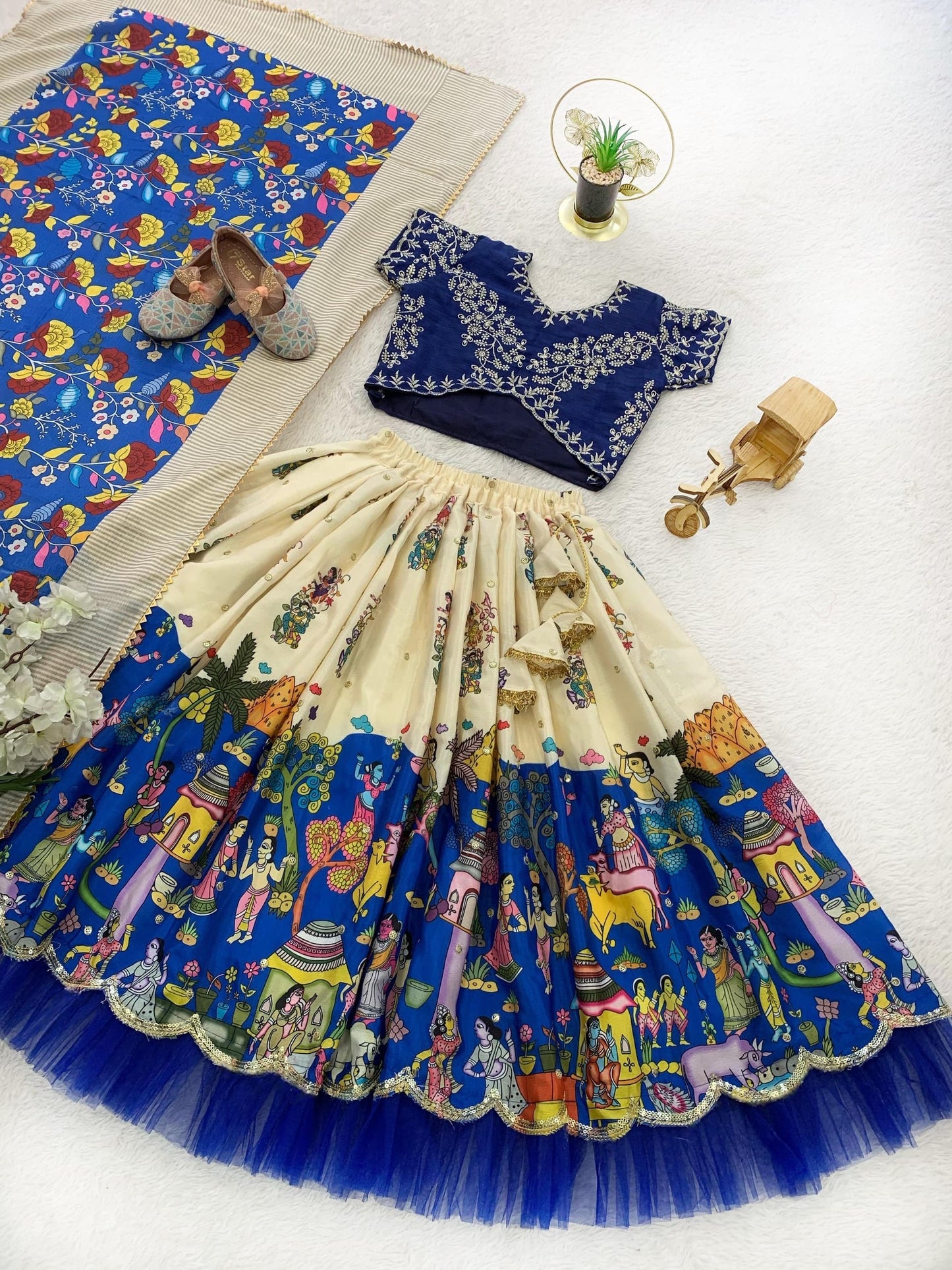 Blue color kids chinon silk lehenga choli price