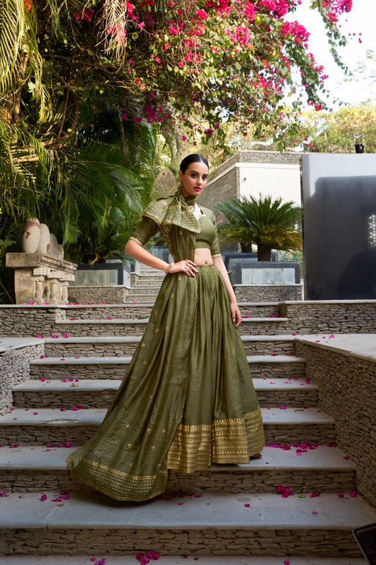 Mehendi color chanderi lehenga choli for women