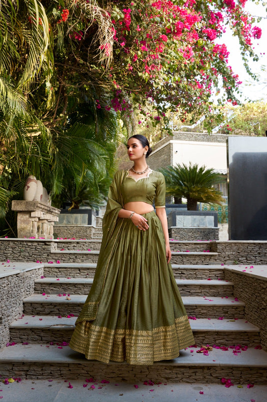 Mehendi color chanderi lehenga choli for wedding
