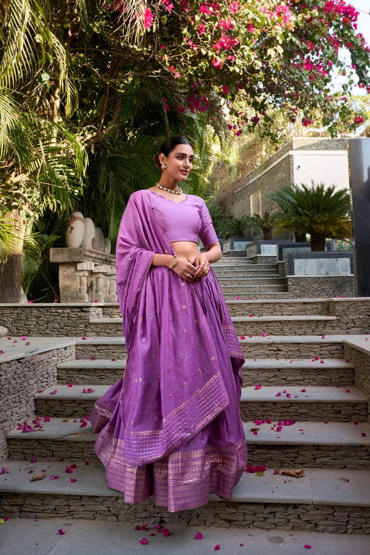 Purple color chanderi lehenga choli with dupatta price