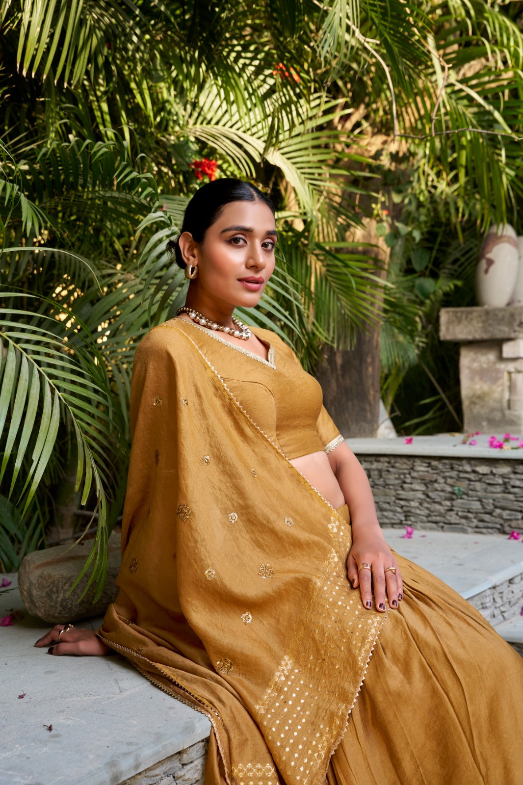 Mustard color chanderi lehenga choli for women design