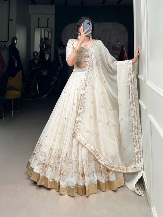 Off white color silver glosy lehenga choli for women online
