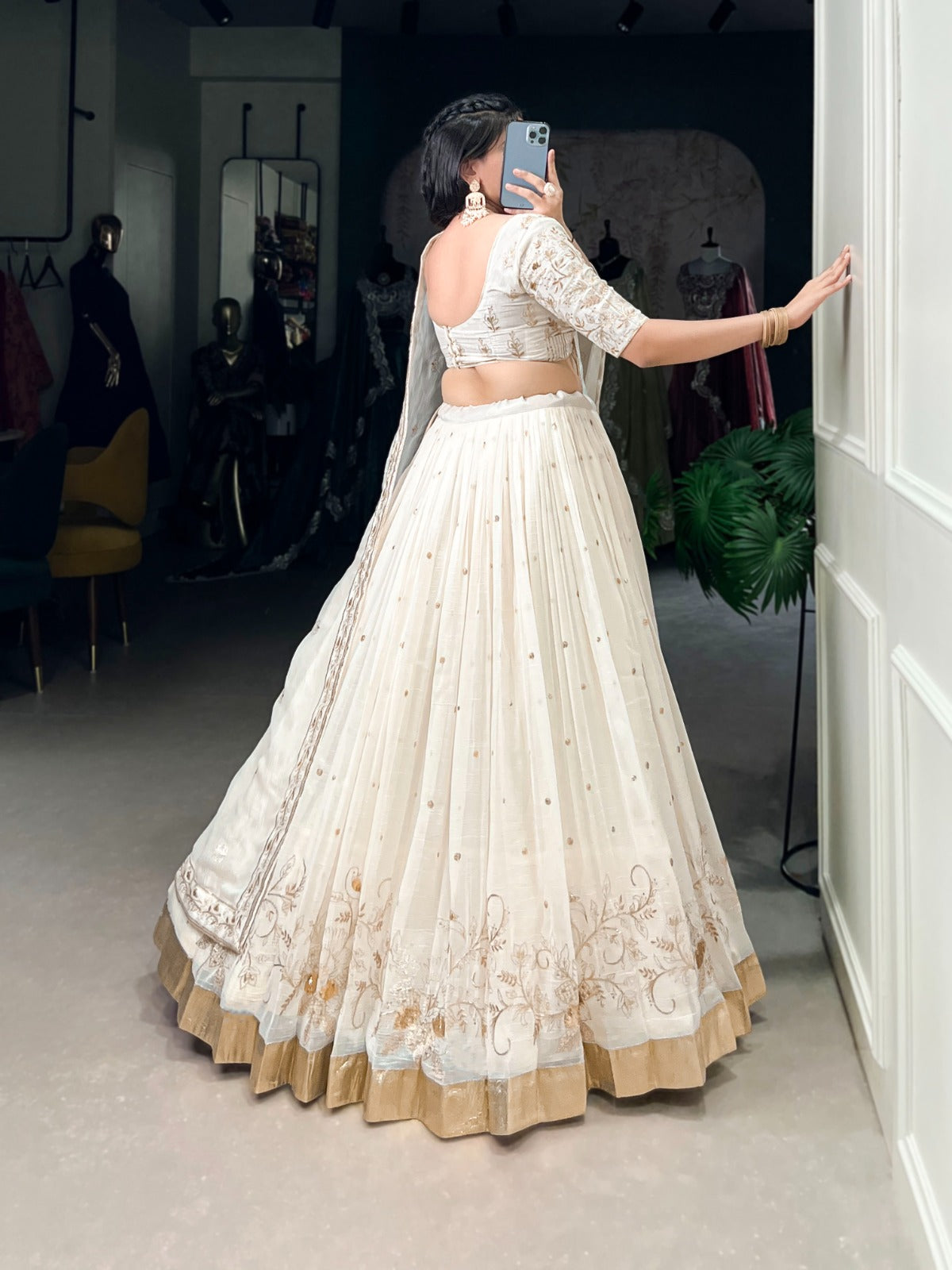 Off white color silver glosy lehenga choli for party
