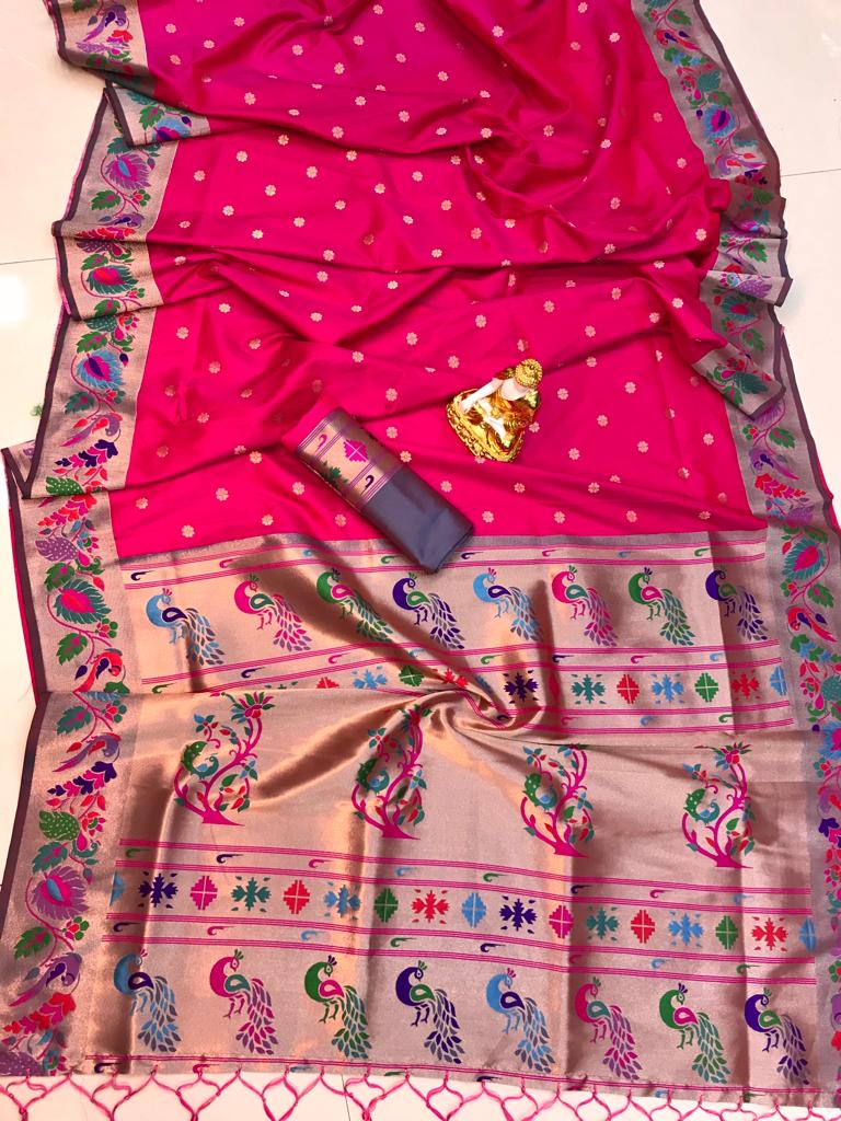 Pink color lichi silk saree with blouse images