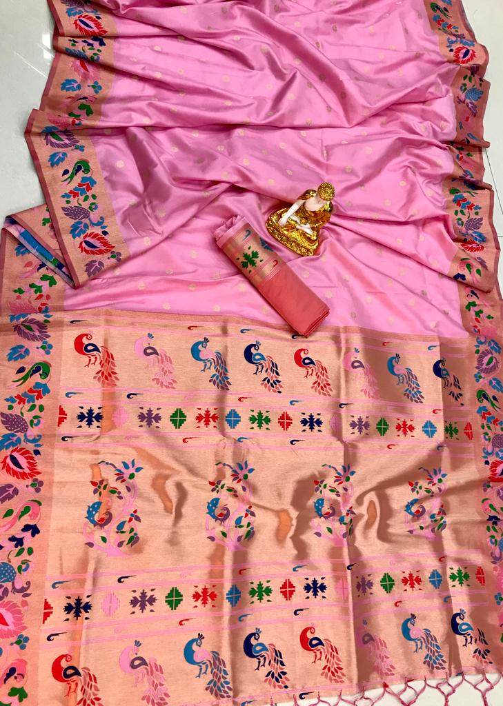 Pink color lichi silk weaving saree for women