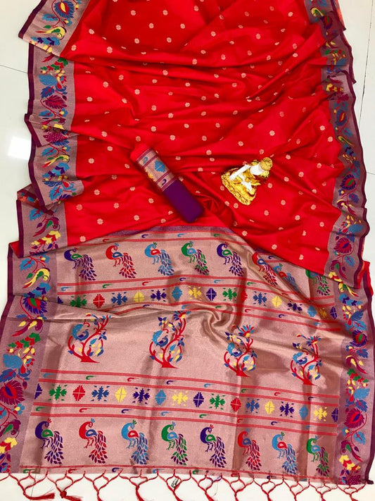 Red color lichi silk weaving saree with blouse