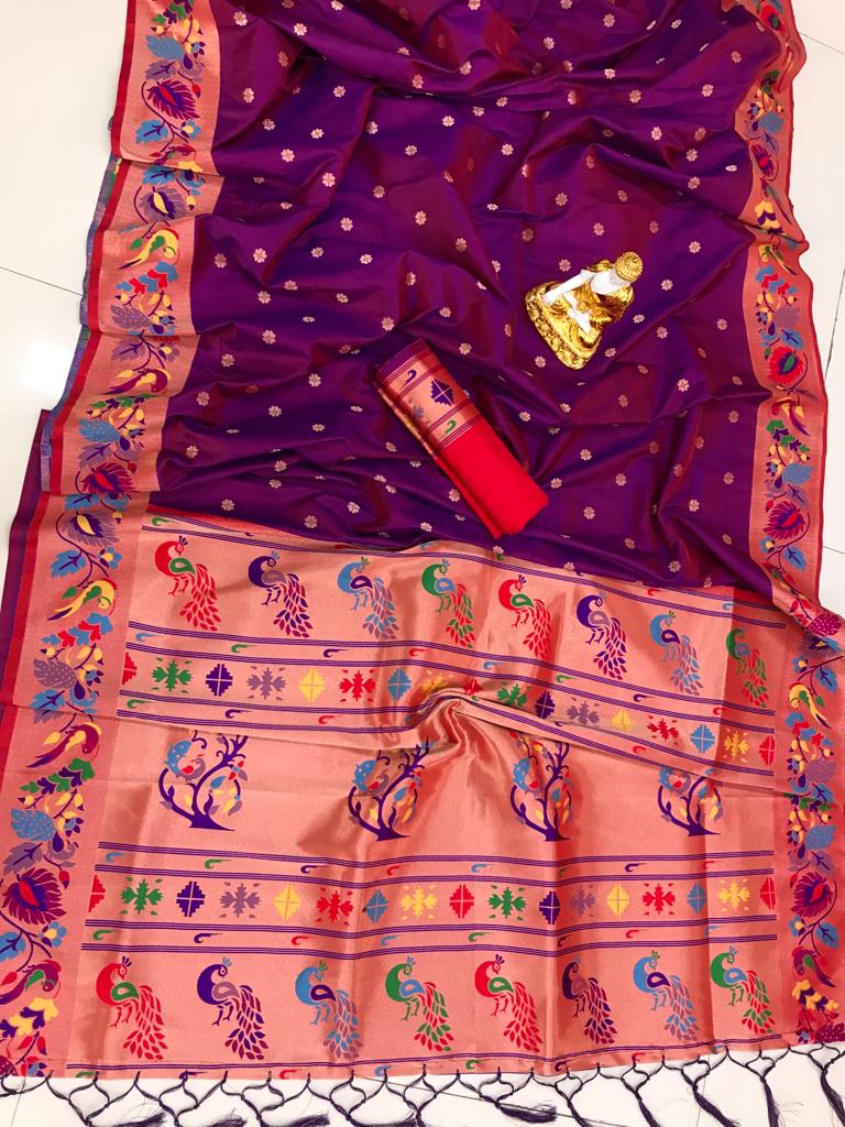 Purple color lichi silk weaving saree price