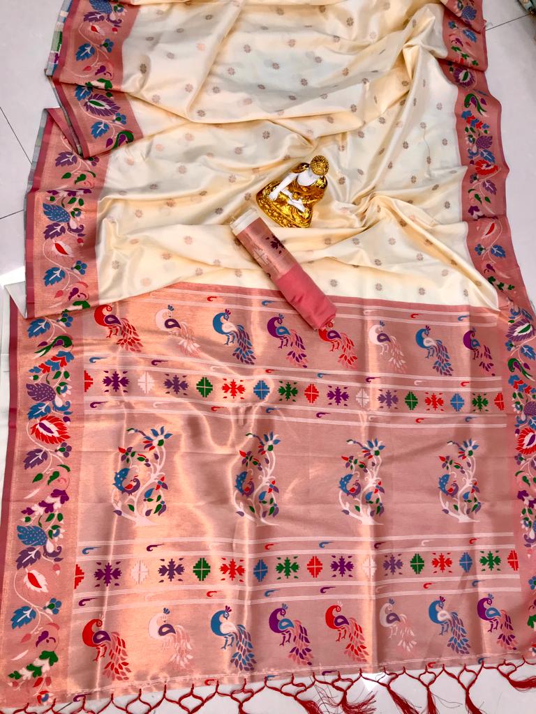 Off white color lichi silk weaving saree with blouse images