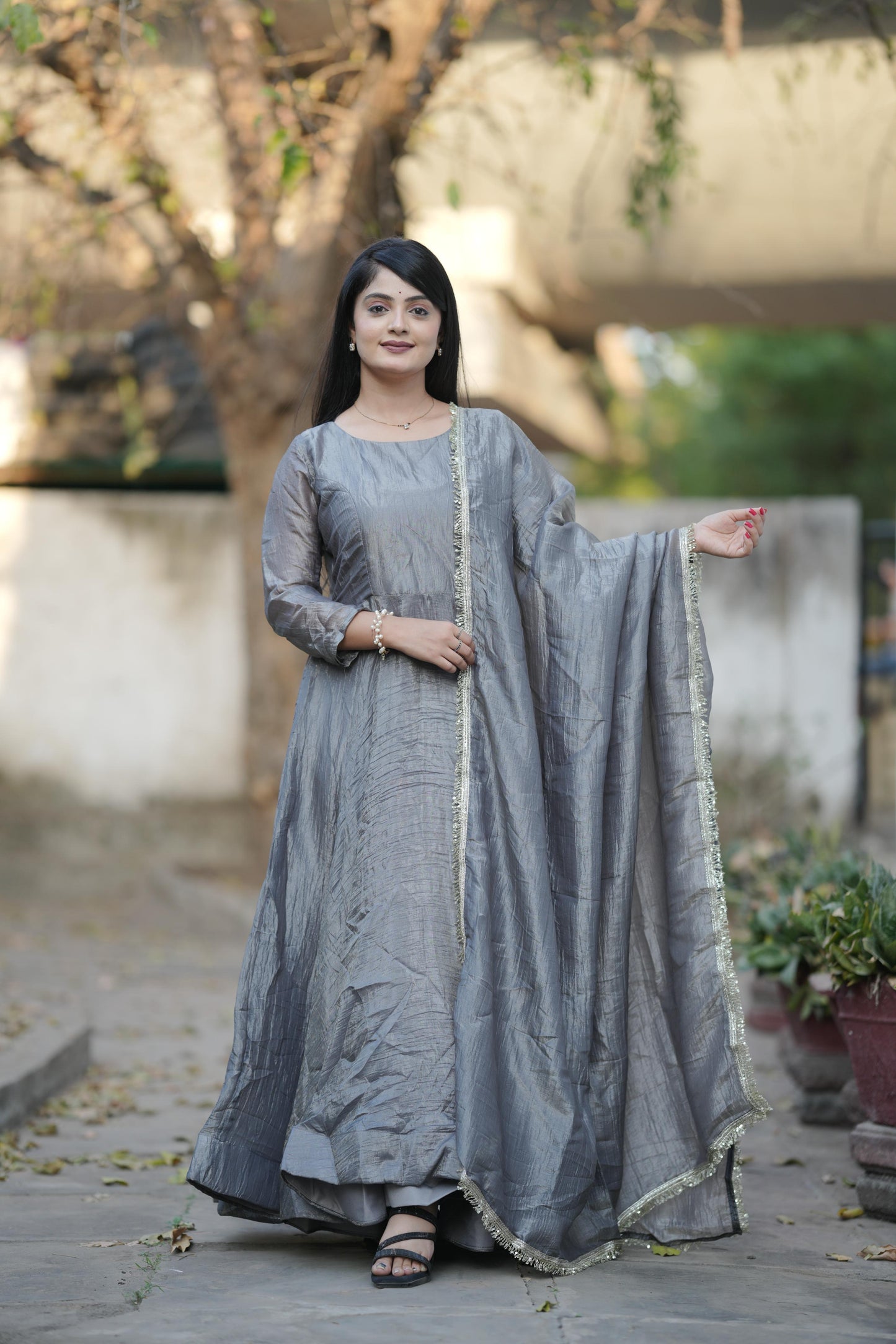 Grey color gold crush gown for women