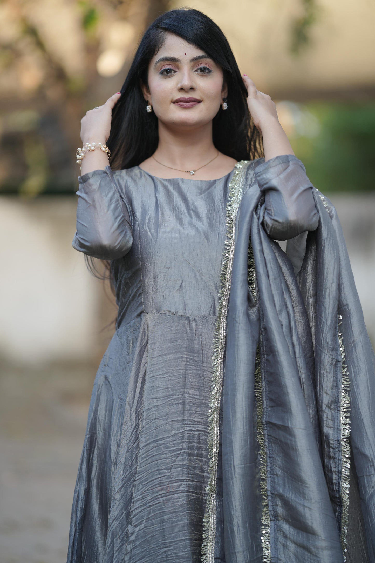 Grey color gold crush gown online shopping