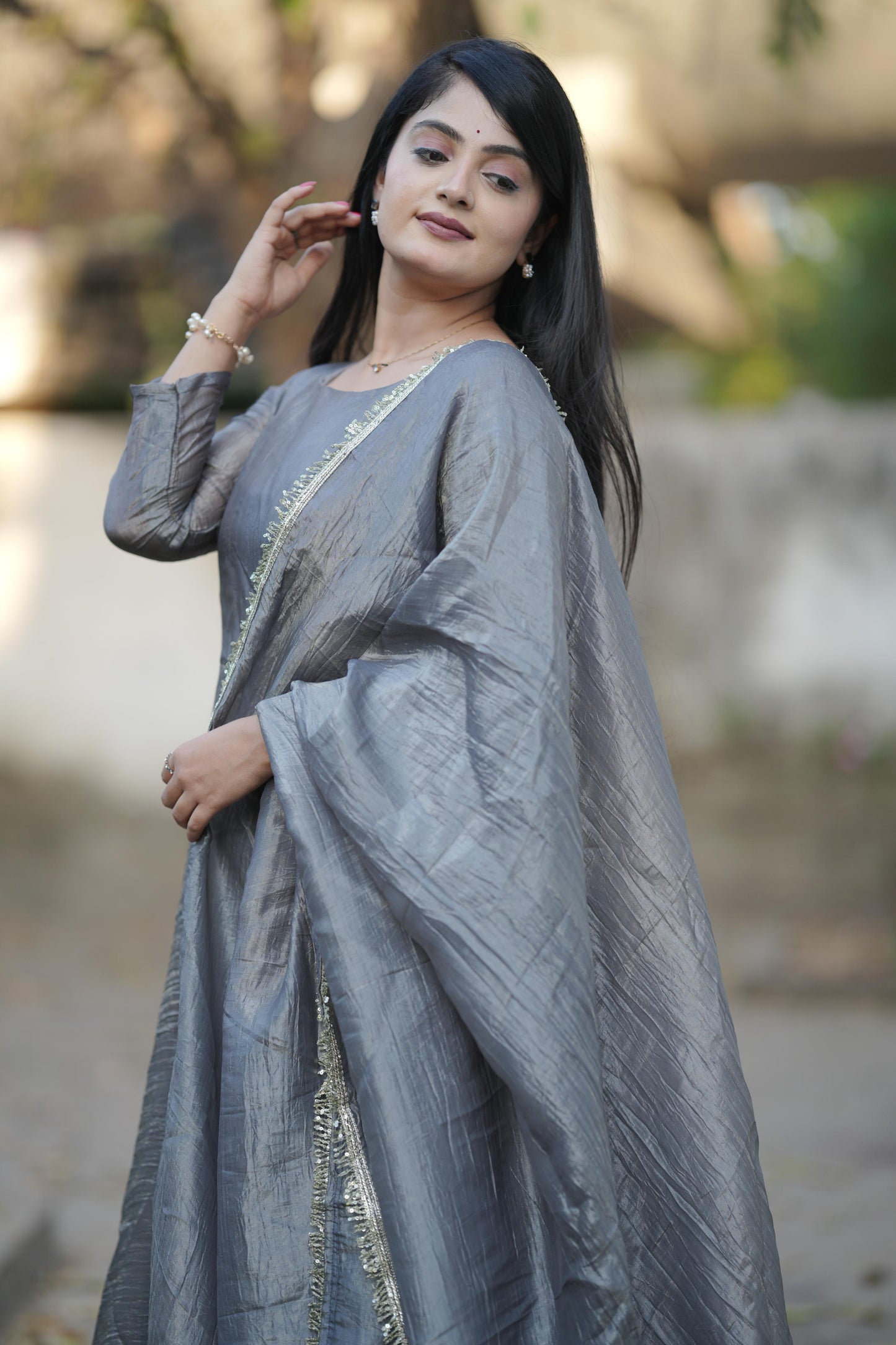 Grey color gold crush gown with dupatta images