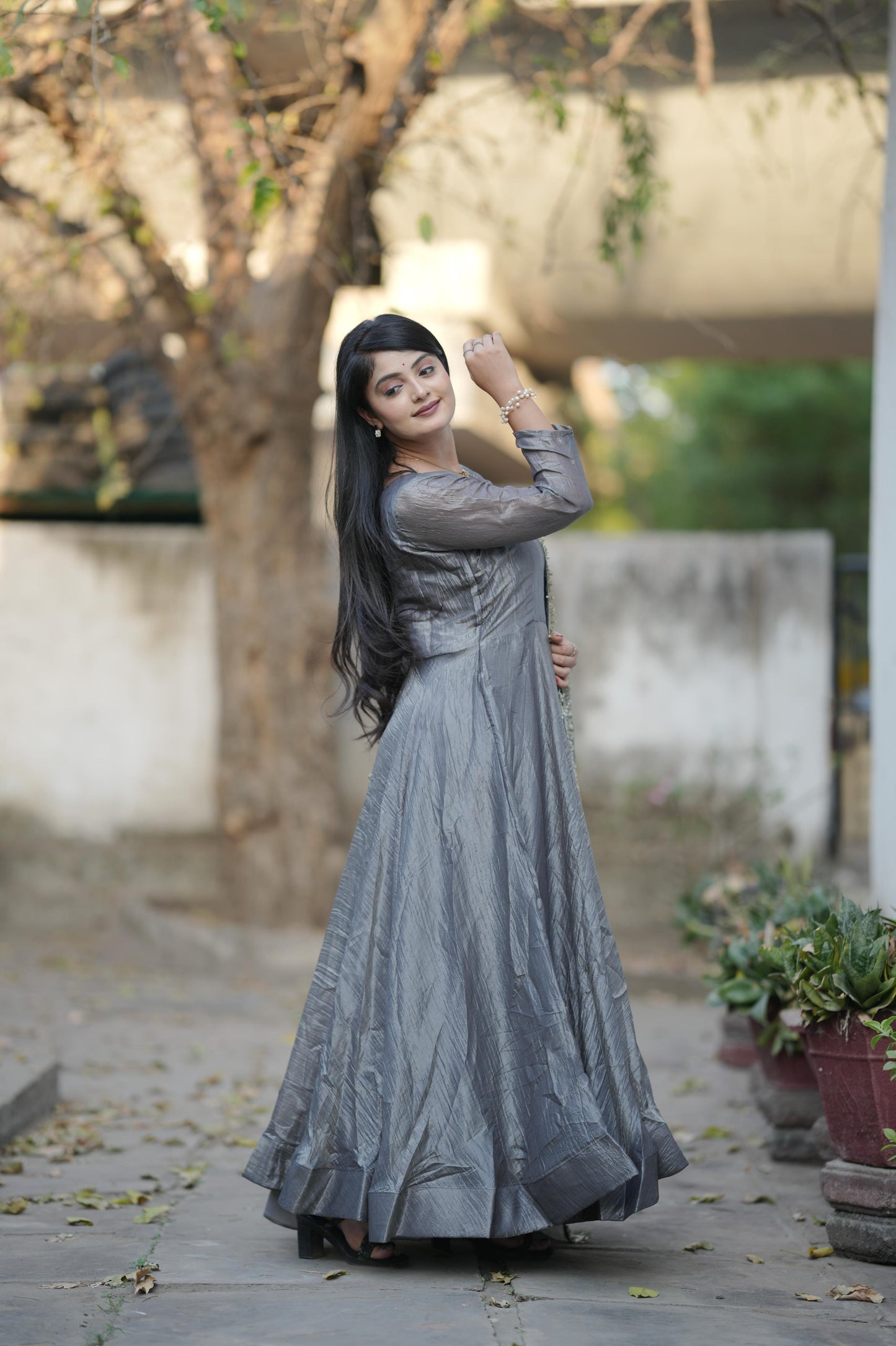 Grey color gold crush gown with dupatta price