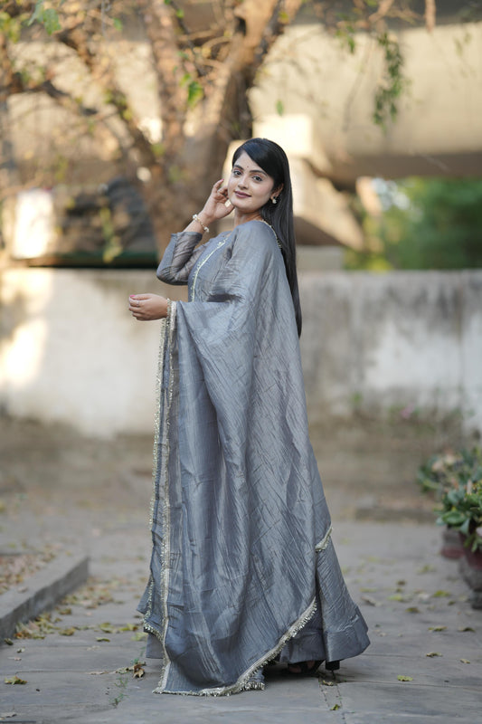 Grey color gold crush gown for wedding