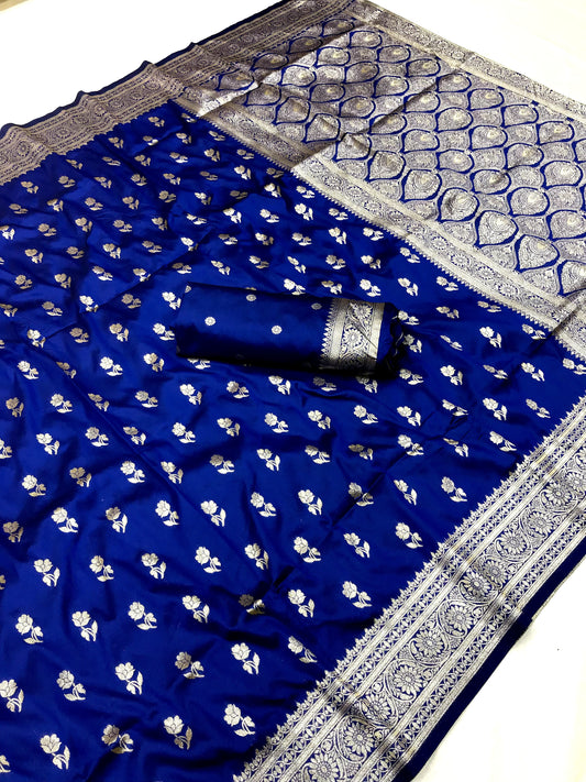 Blue color banarasi silk saree with blouse
