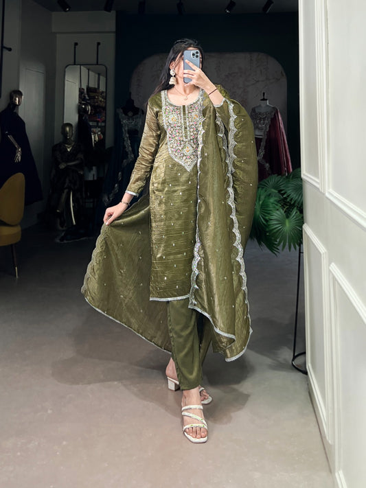 Green color gold crush salwar suit for wedding