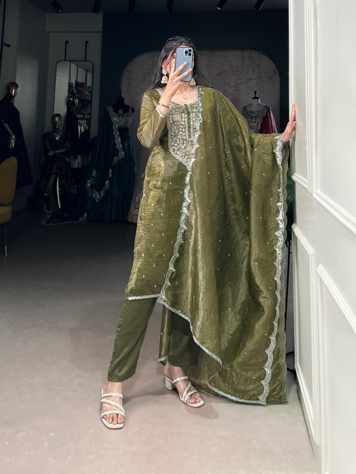 Green color gold crush salwar suit with dupatta