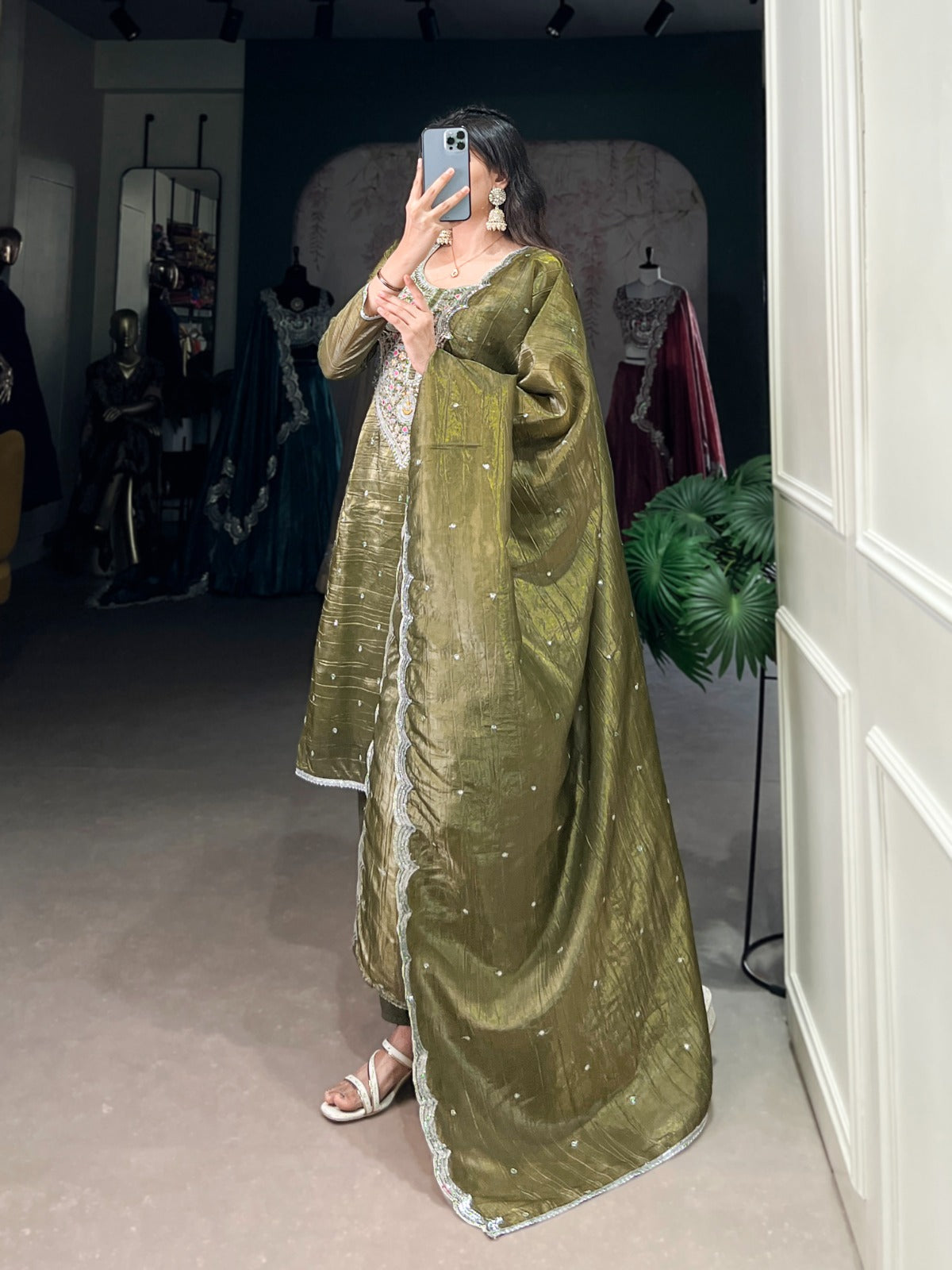 Green color gold crush salwar suit with dupatta price