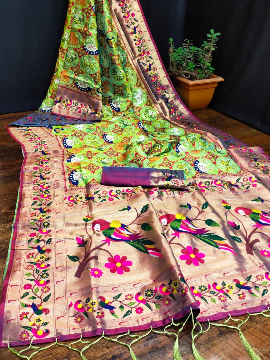 Parrot color paithani silk saree with blouse