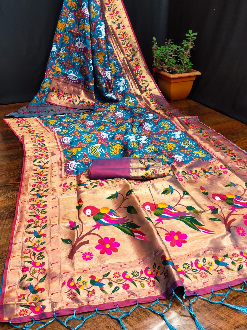 Sky color paithani silk saree with blouse images
