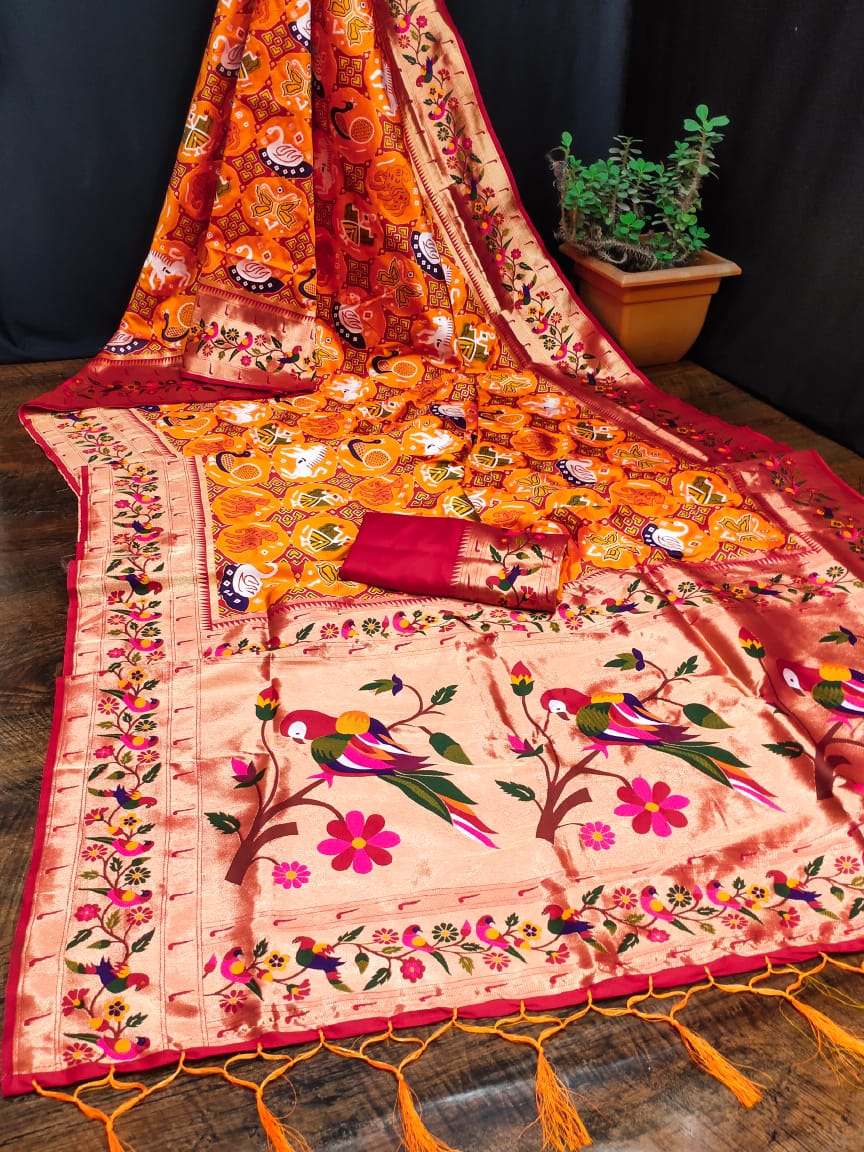 Yellow color paithani silk saree with blouse design