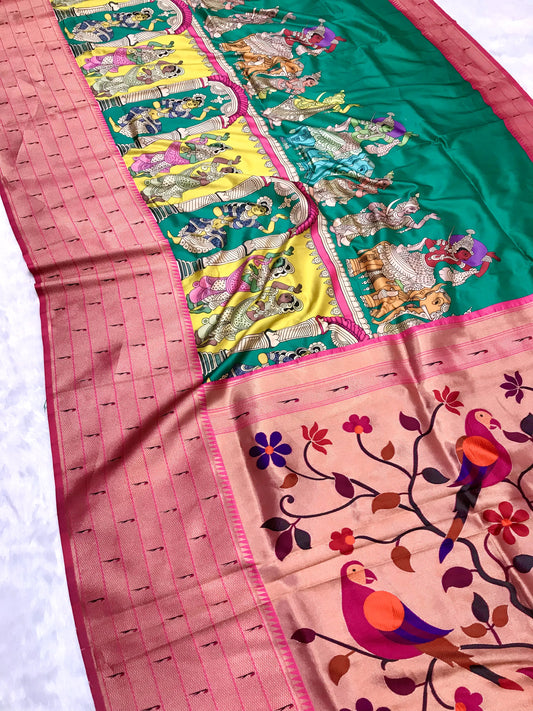 Rama color paithani silk saree for women